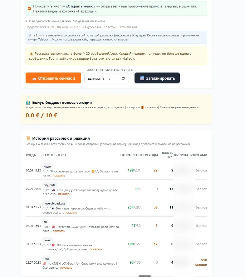Verlauf der Rundnachrichten: gesendet, Klicks, Bestellungen — welche Nachricht wirklich etwas gebracht hat.