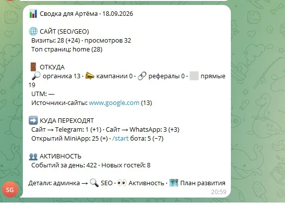 Tägliche Zusammenfassung in Telegram: Website, Quellen, Klicks, Aktivität — ohne die Panel-Seite zu öffnen.