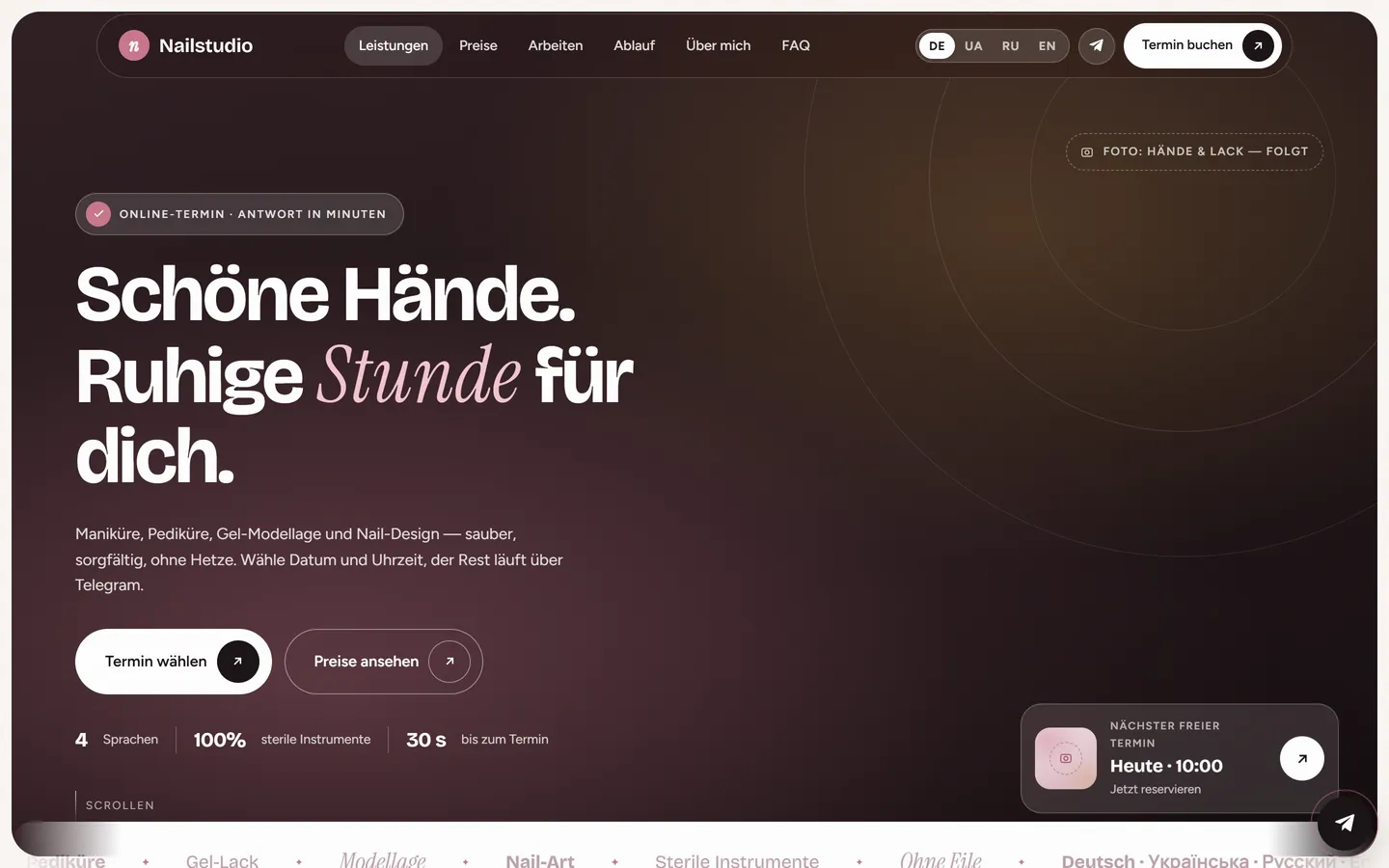 Nailstudio — Nageldesignerin: Website mit Terminbuchung und CRM